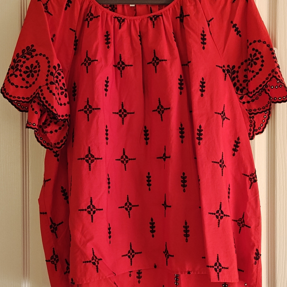 Crown & Ivy Eyelet Red Blouse with Blue Embroidery